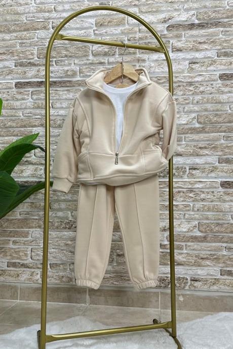 Unisex 3 İplik Ekru Fermuar Detaylı  İkili Takımı