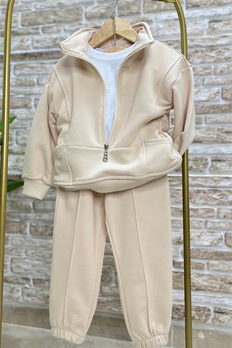 Unisex 3 İplik Ekru Fermuar Detaylı  İkili Takımı