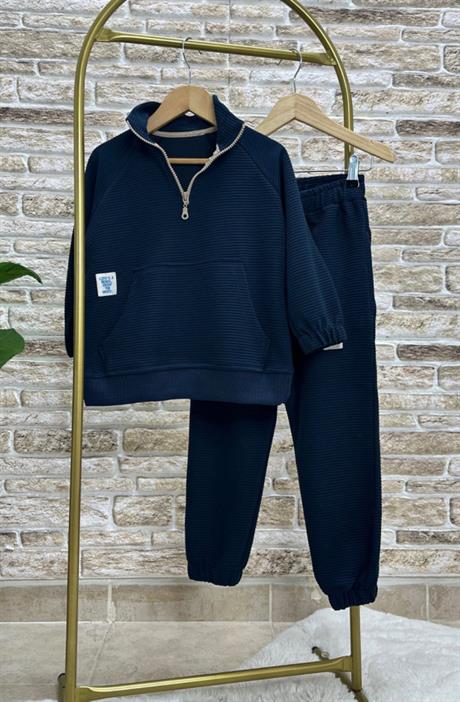 Unisex Çocuk 3 İplik Lacivert Fitilli Yarım Fermuarlı İkili Takım