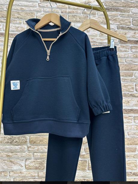 Unisex Çocuk 3 İplik Lacivert Fitilli Yarım Fermuarlı İkili Takım