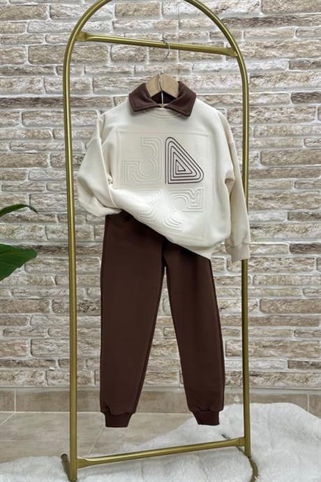 Unisex  Ekru Yakalı Kabartmalı Takım