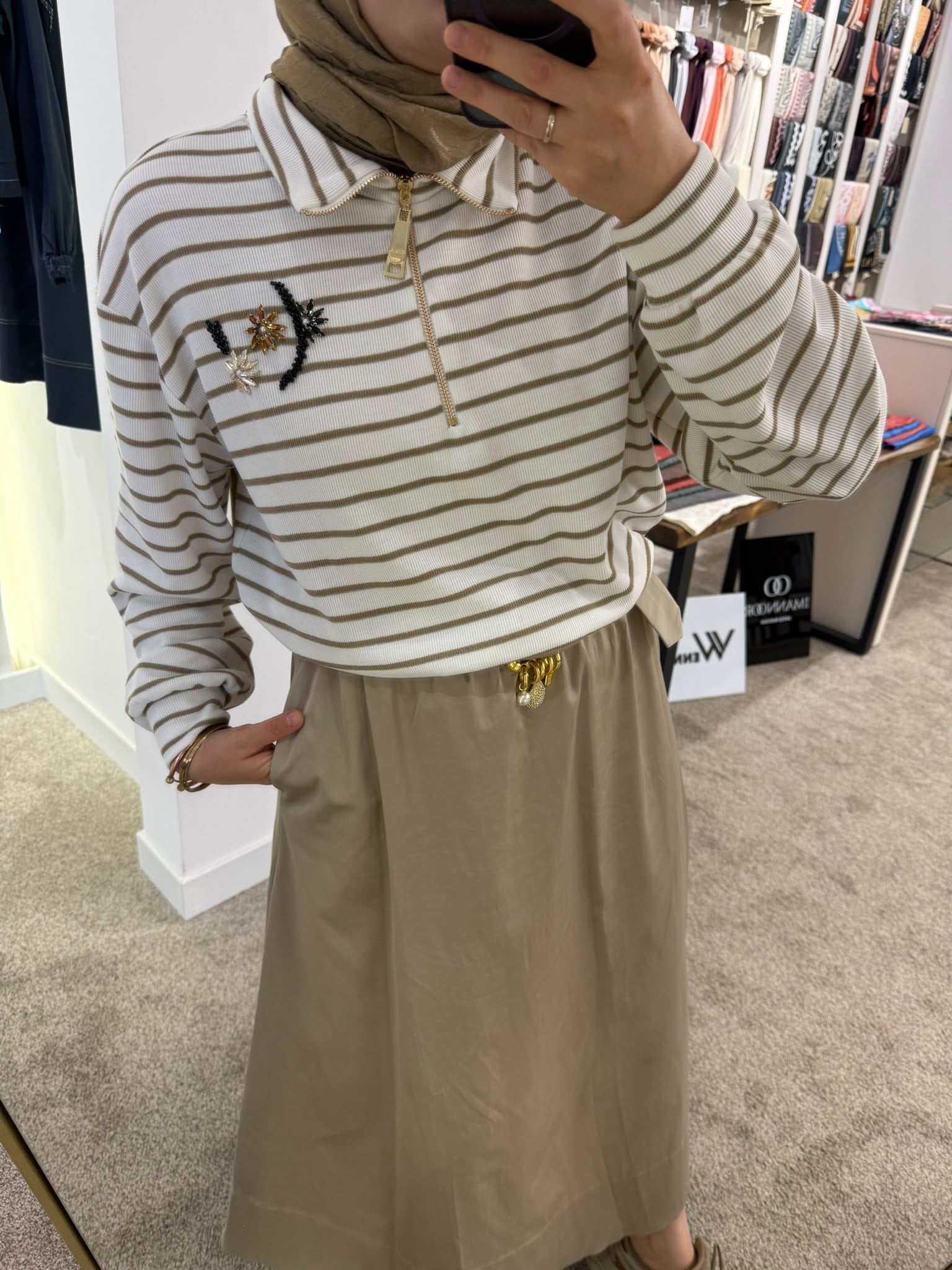 Missemramiss - Çizgili Zip Sweatshirt - Ekru