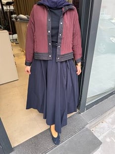 Denim Detaylı Ceket Bordo