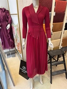 Kemerli Taşlı Elbise Kırmızı