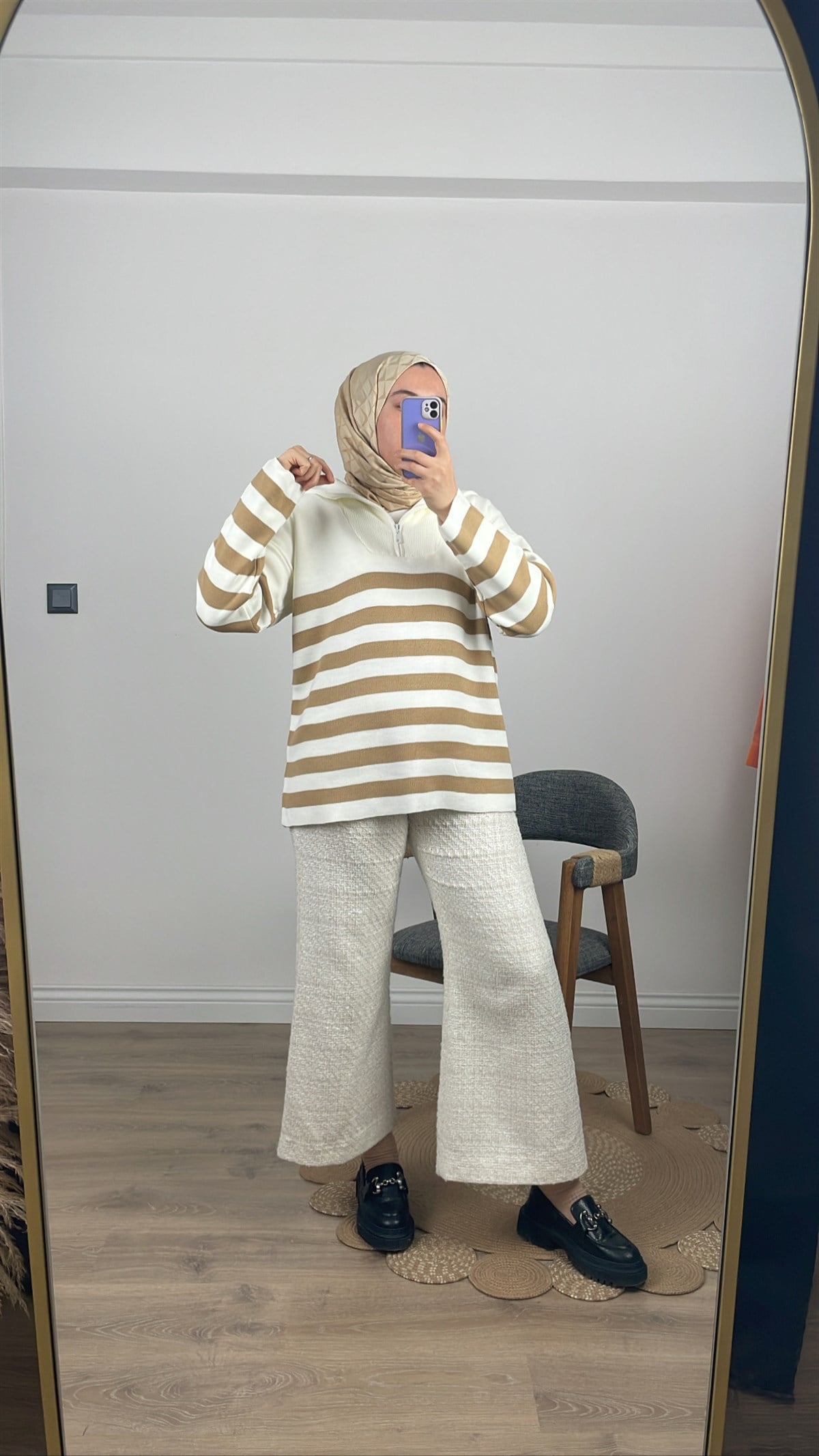 Çizgili triko kazak krem 