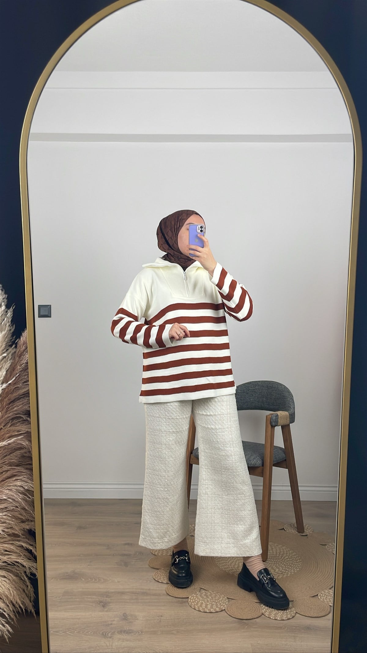 Çizgili Triko Kazak Tarçın