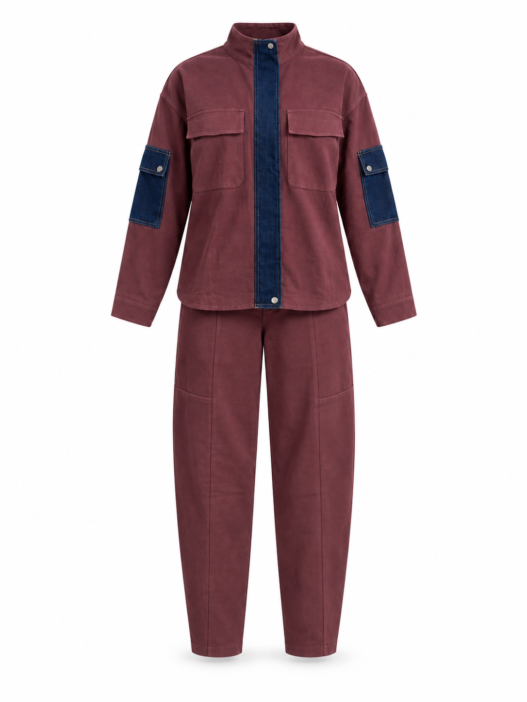 Denim Detaylı Kadife Takım - Bordo