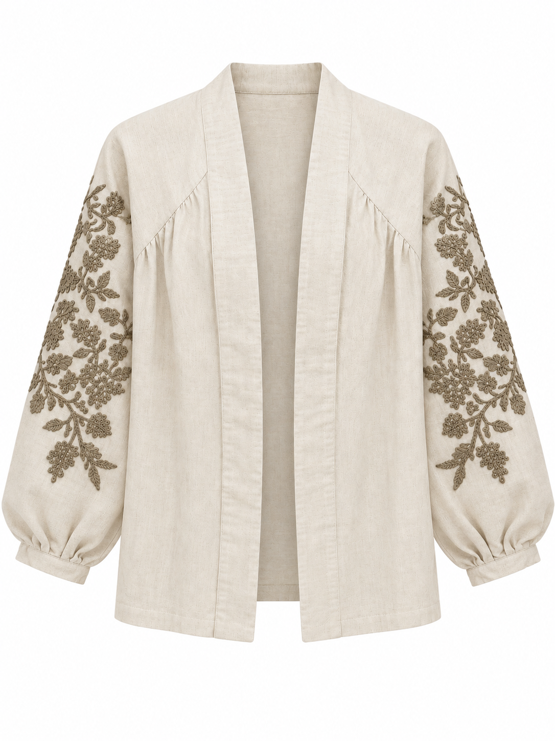 İşlemeli Keten Kimono - Ekru