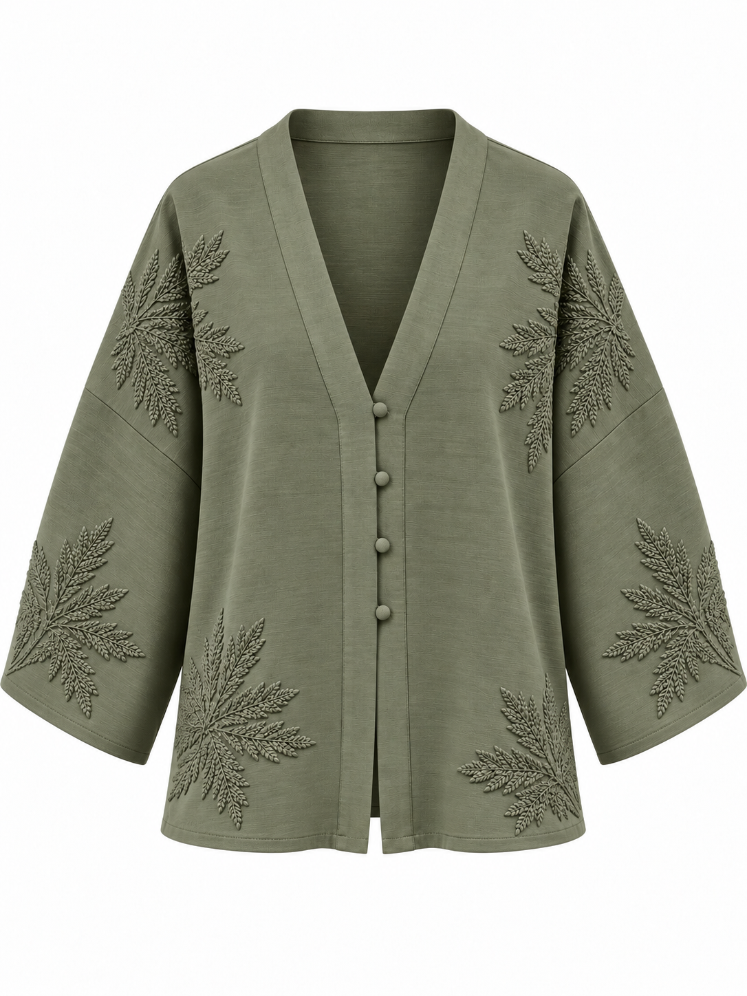 İşlemeli V Yaka Kimono - Haki