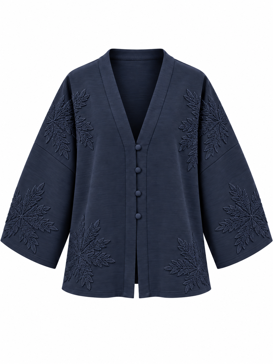 İşlemeli V Yaka Kimono - Lacivert