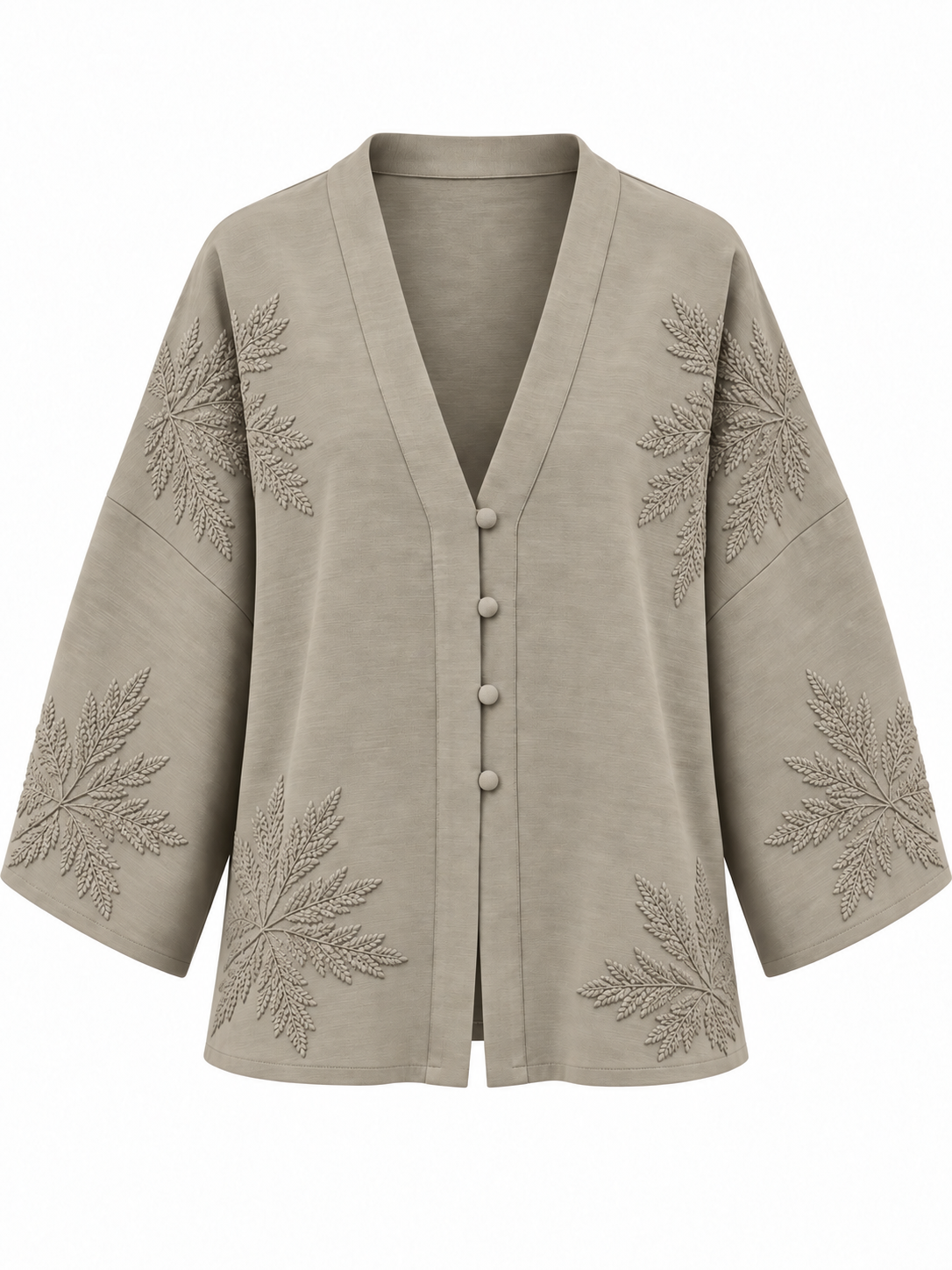 İşlemeli V Yaka Kimono - Vizon