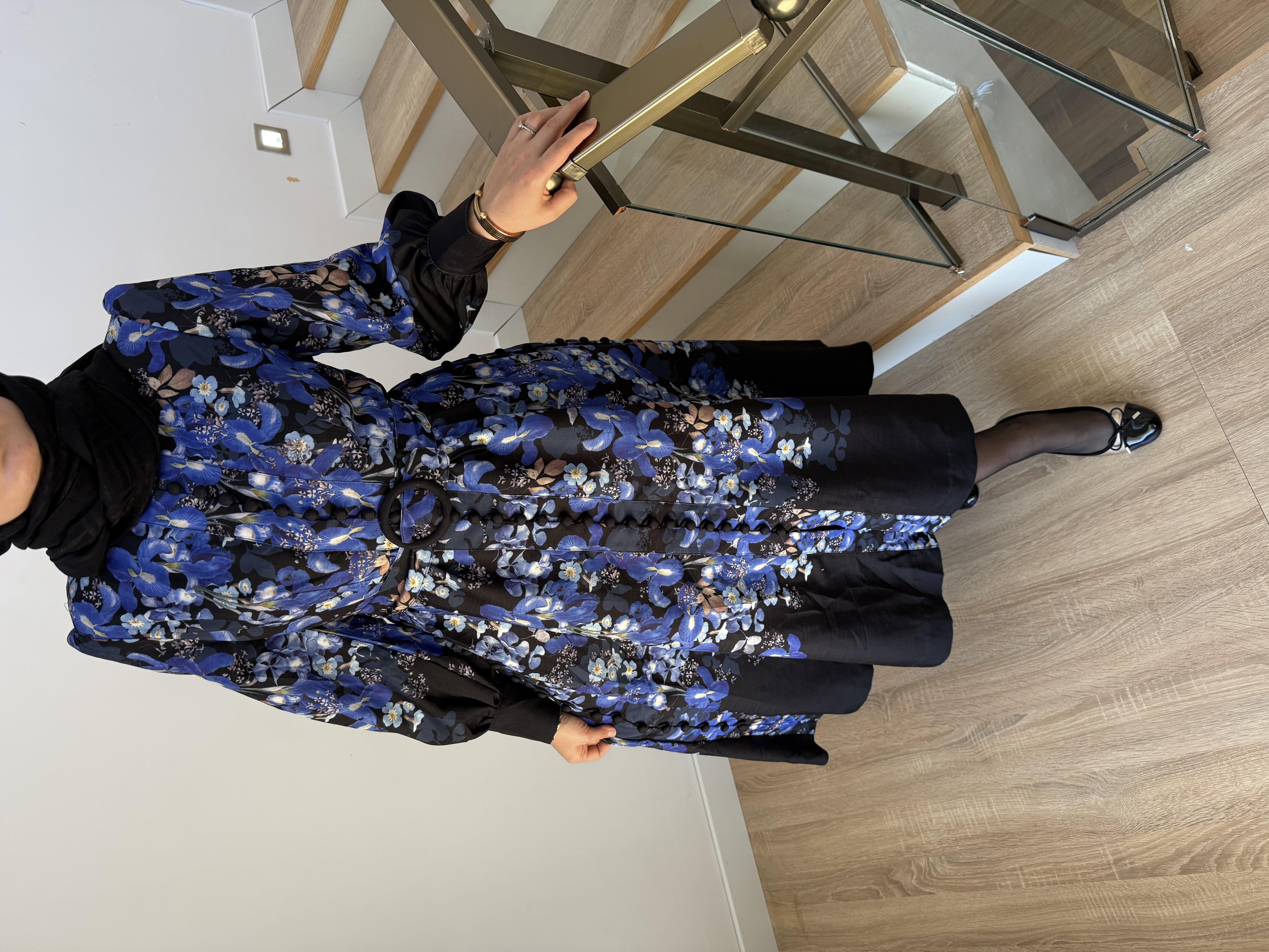 Saks Mavisi Düğmeli Elbise