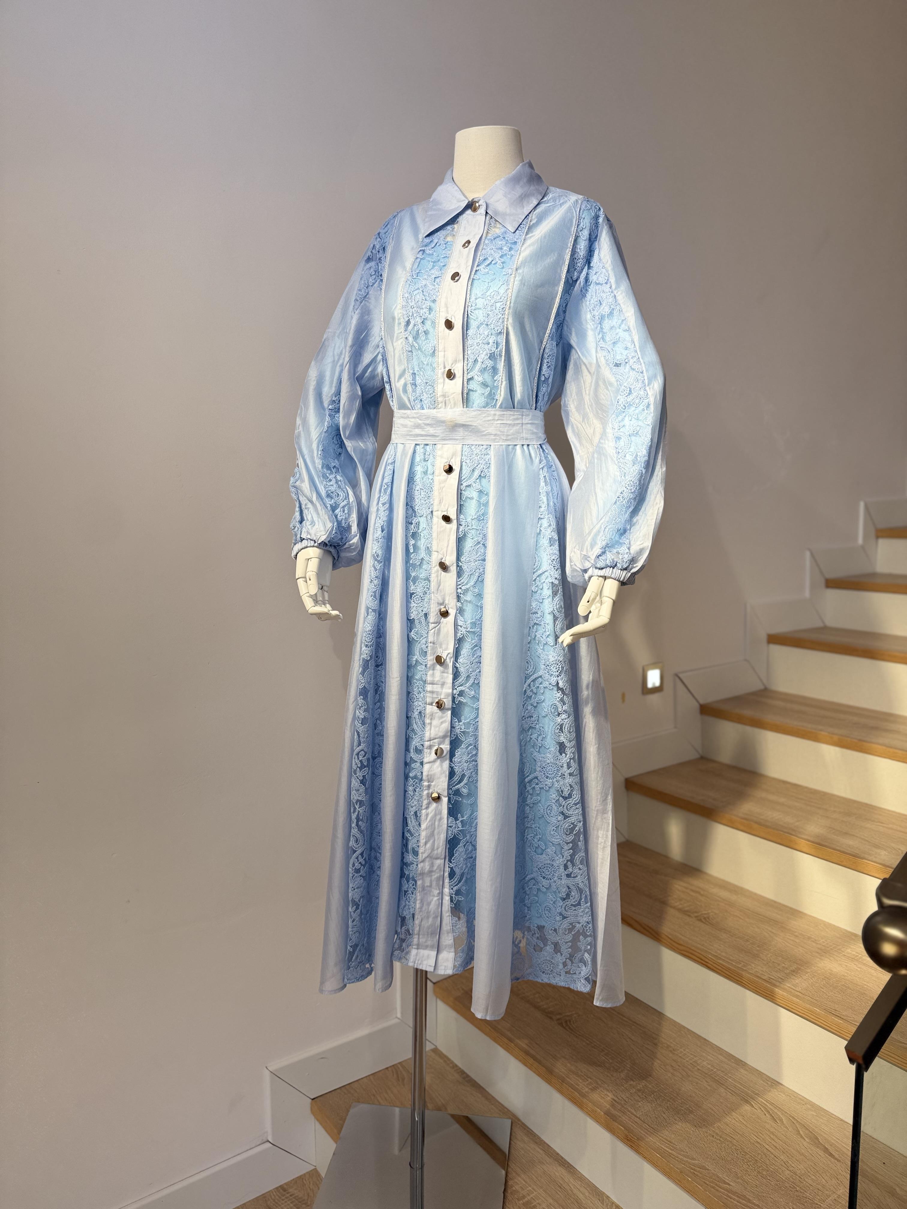 Şeritli Bebe Mavisi Elbise