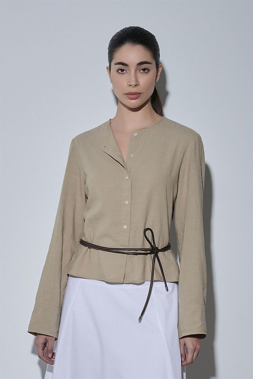 Bej Lizi Keten Gömlek