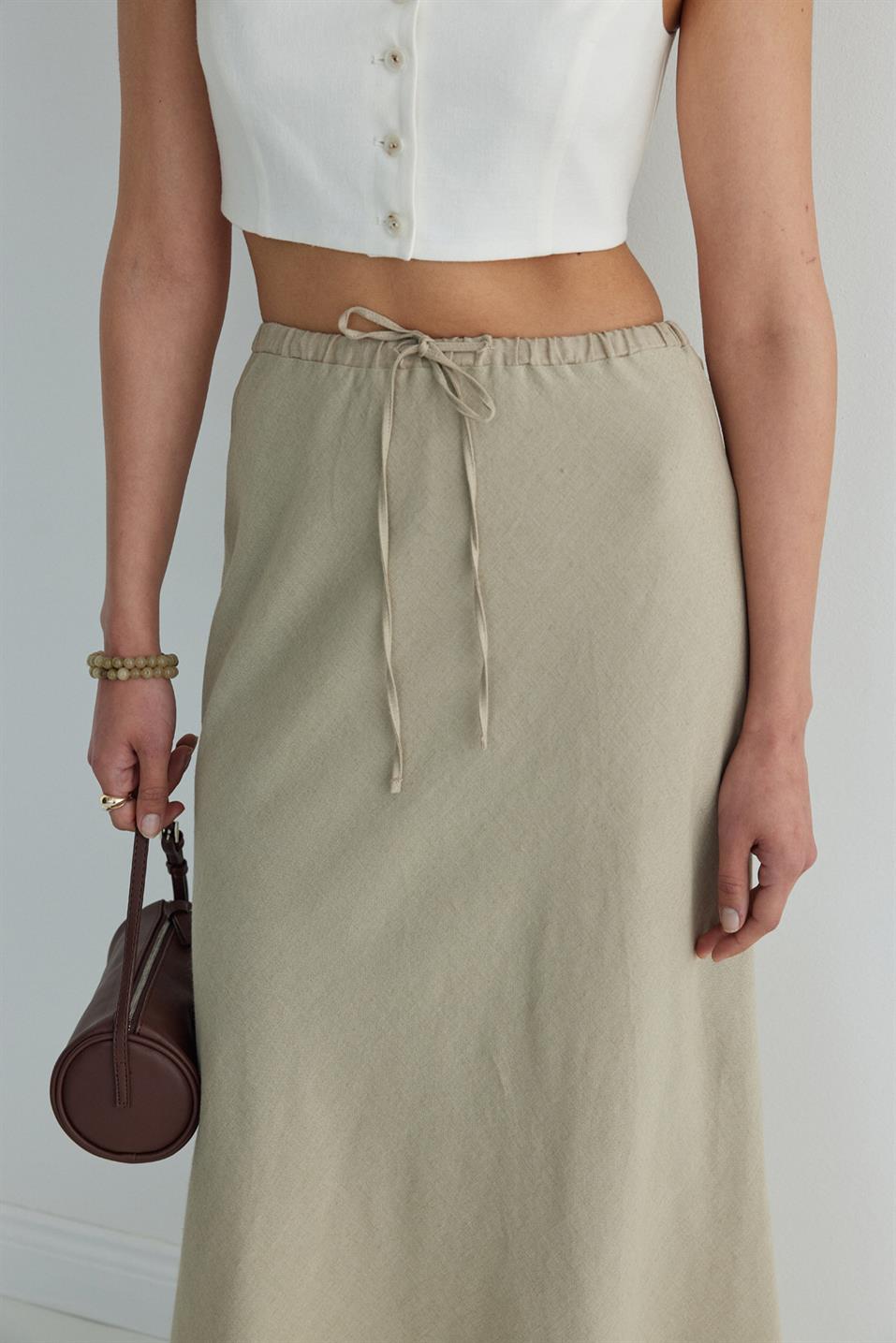 Bej Merve Keten Maxi Etek