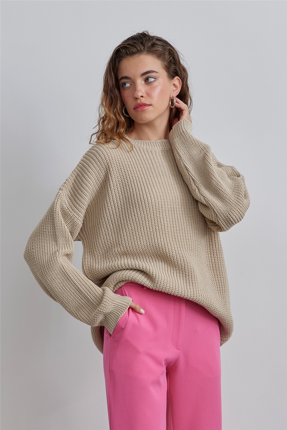 Beige Oversize Knitwear Sweatshirt