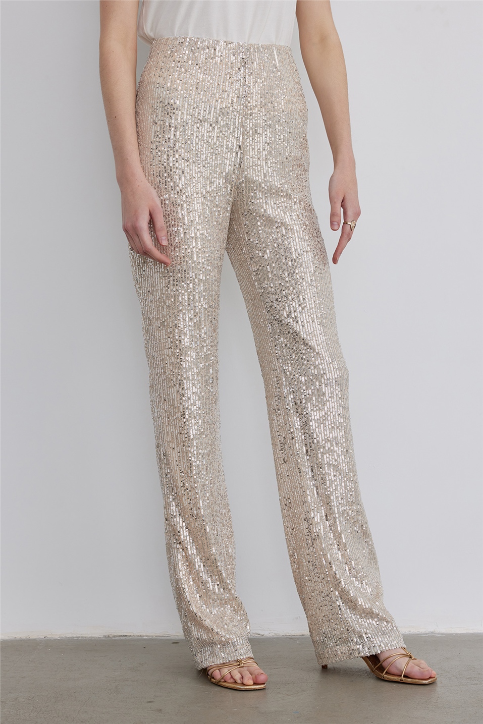 Beige Sequined Flare Pants