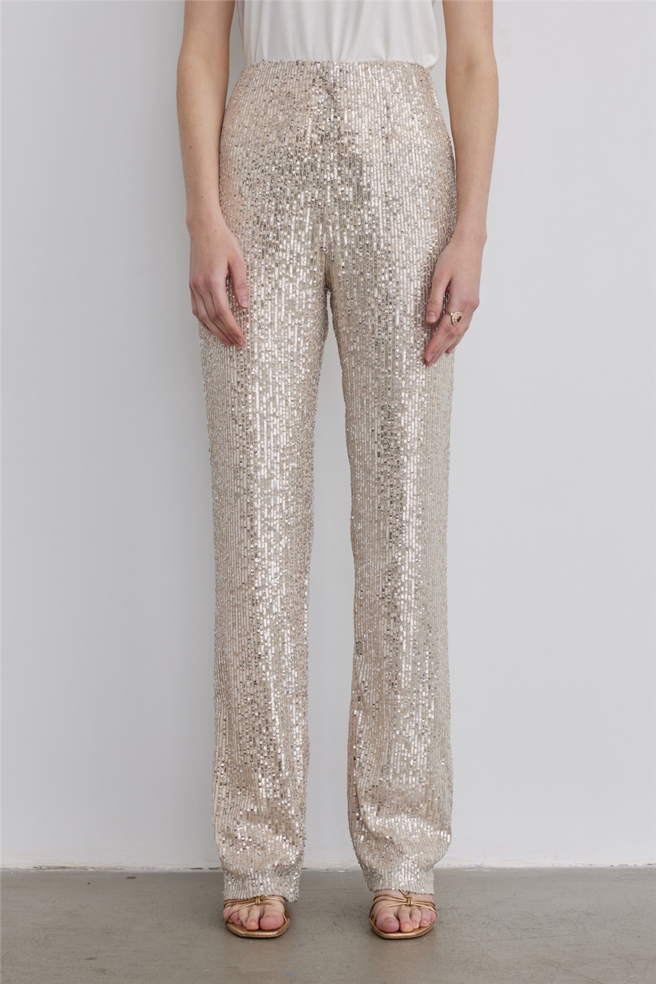 Beige Sequined Flare Pants