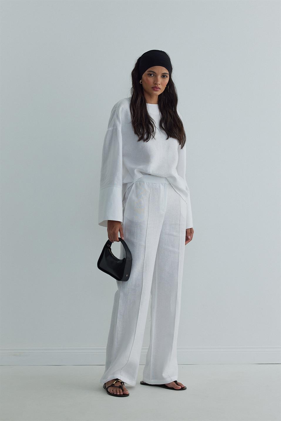 Beyaz %100 Keten Minnie Bağlamalı Bluz