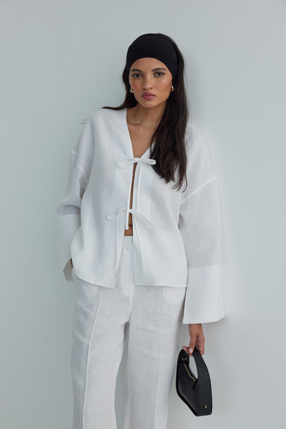 Beyaz %100 Keten Minnie Bağlamalı Bluz