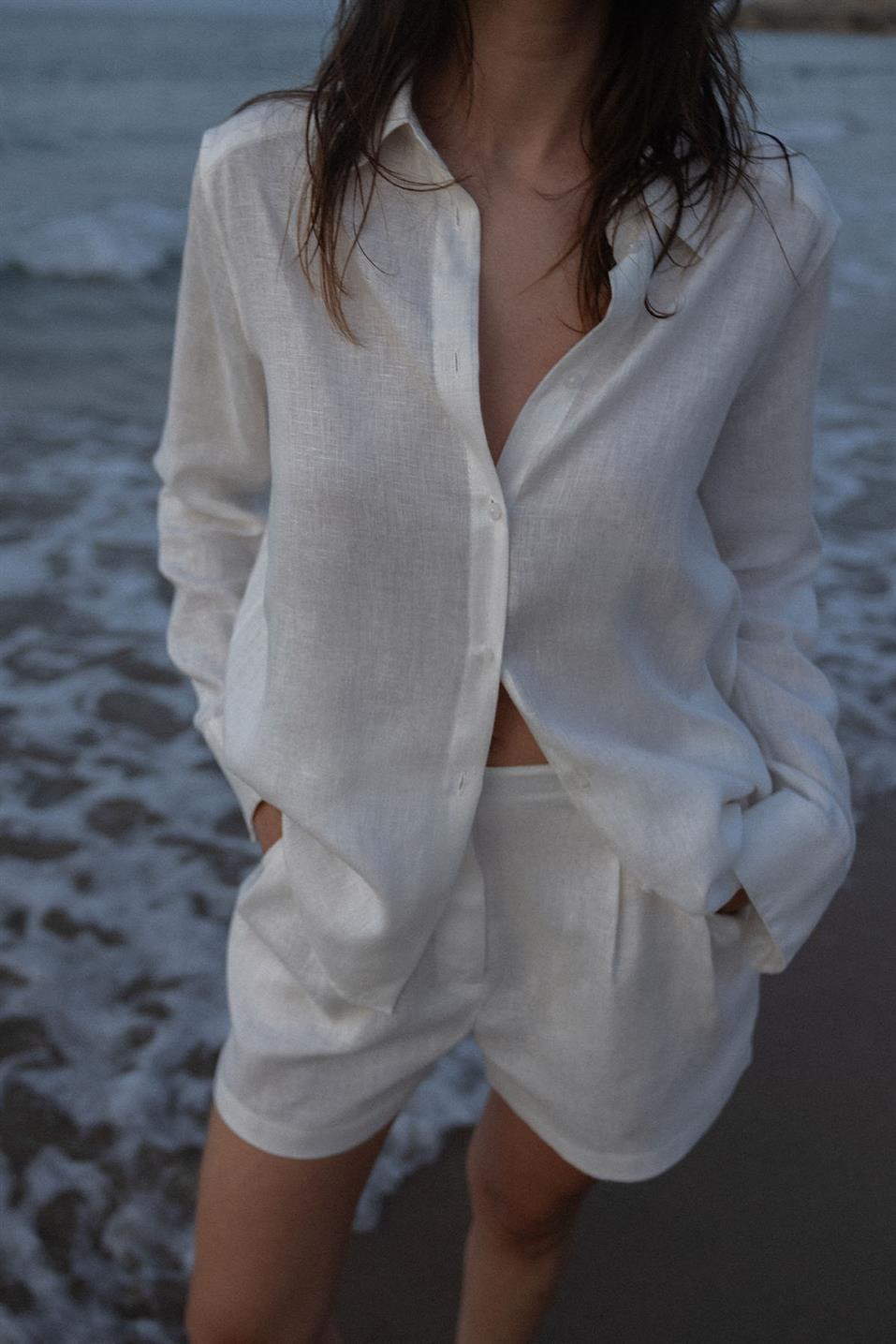 Beyaz %100 Keten Nora Gömlek