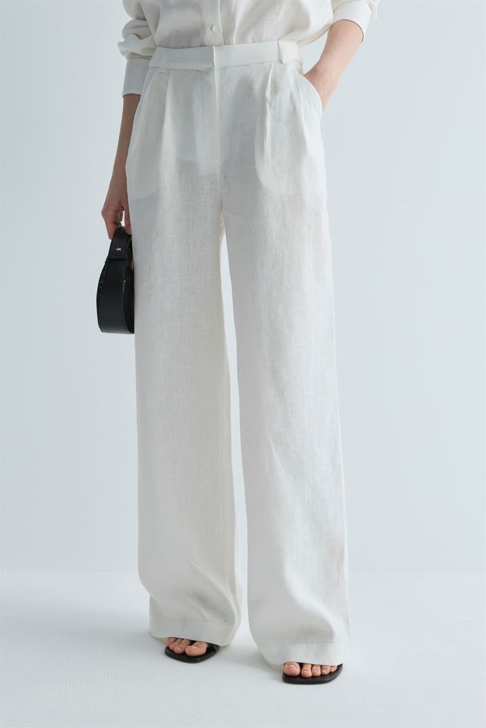 Beyaz %100 Keten Nora Pileli Pantolon