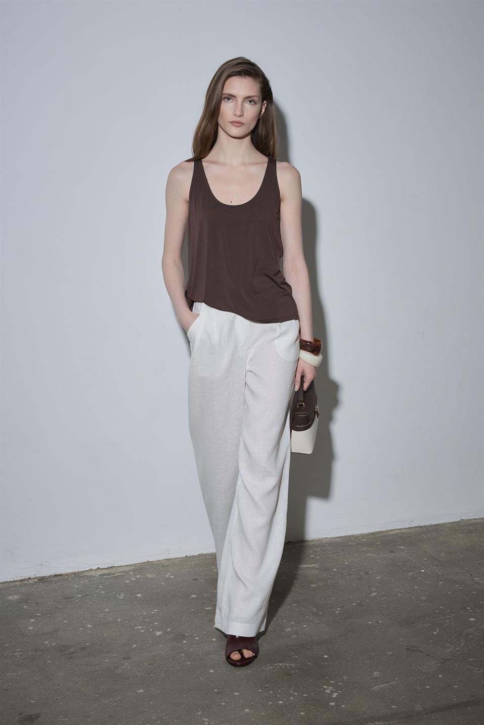 Beyaz %100 Keten Nora Pileli Pantolon