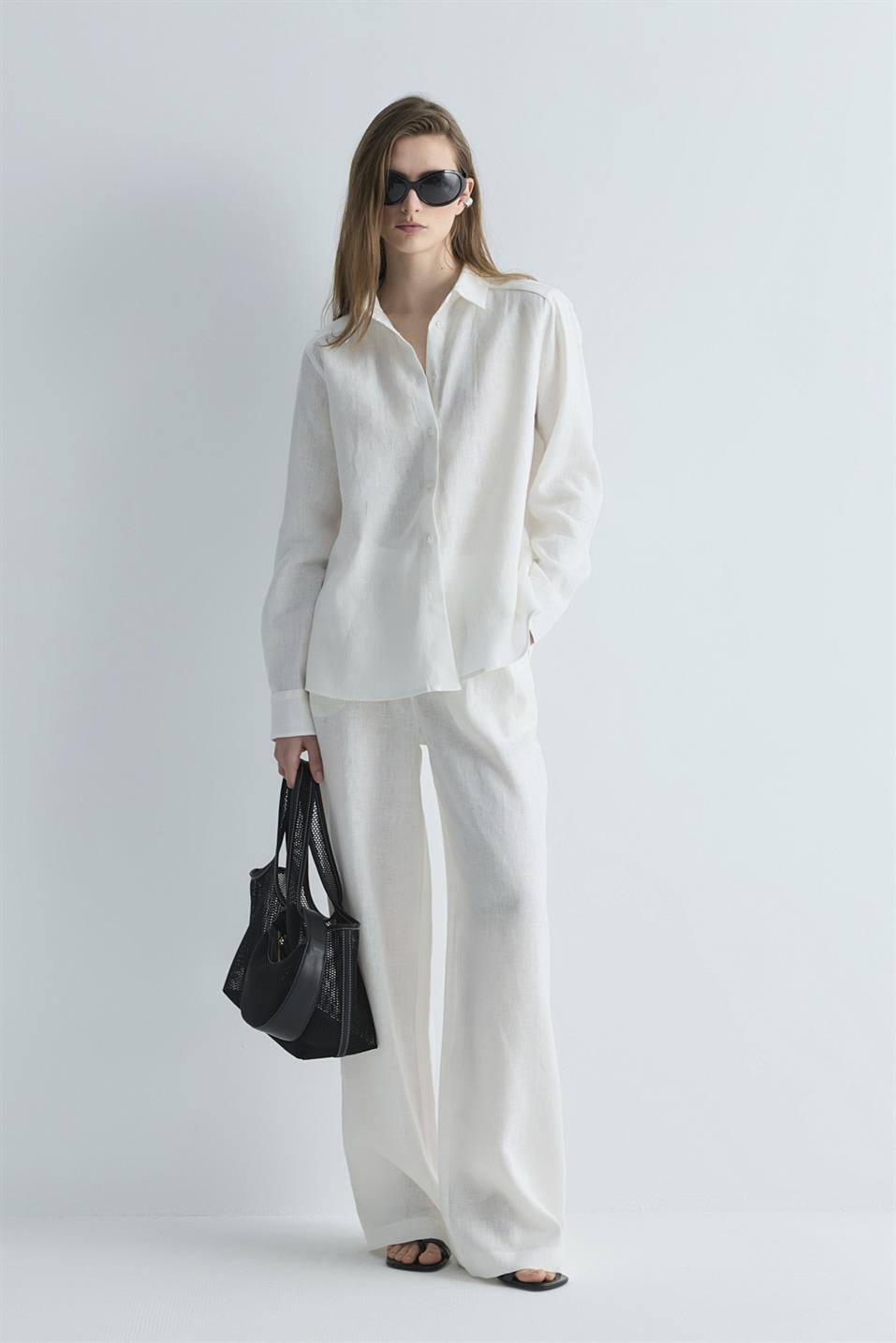 Beyaz %100 Keten Nora Pileli Pantolon