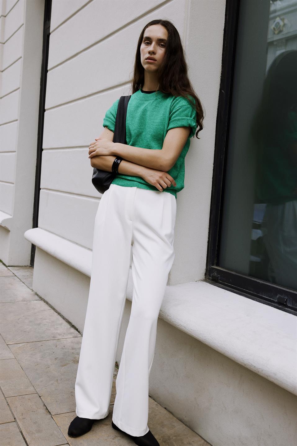 Beyaz Dalie Pileli Pantolon