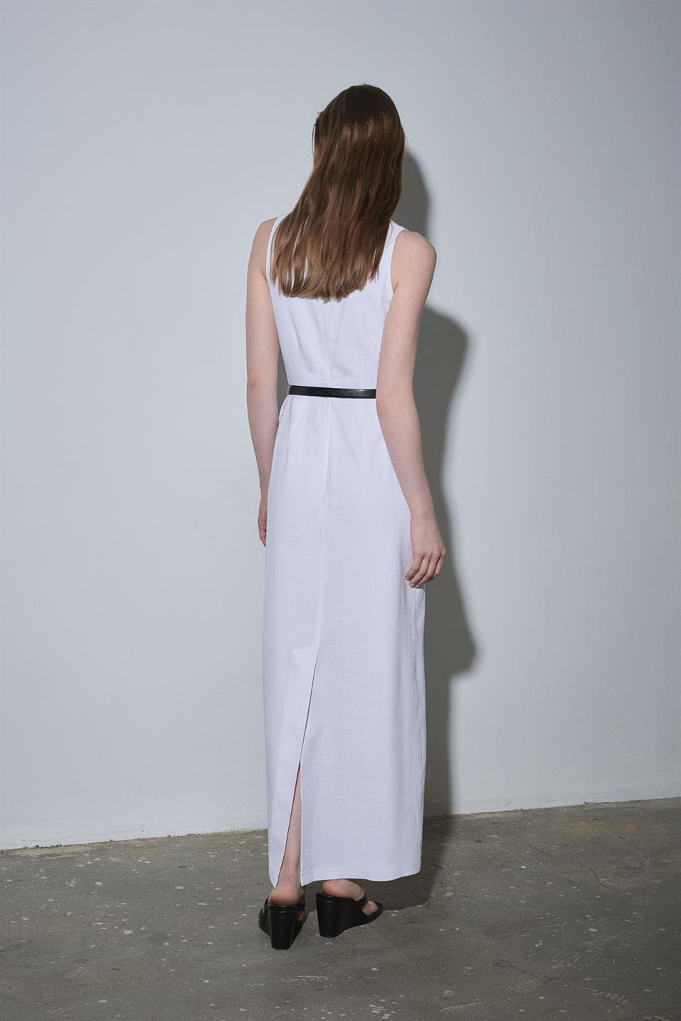 Beyaz Monik Kare Yaka Keten Elbise