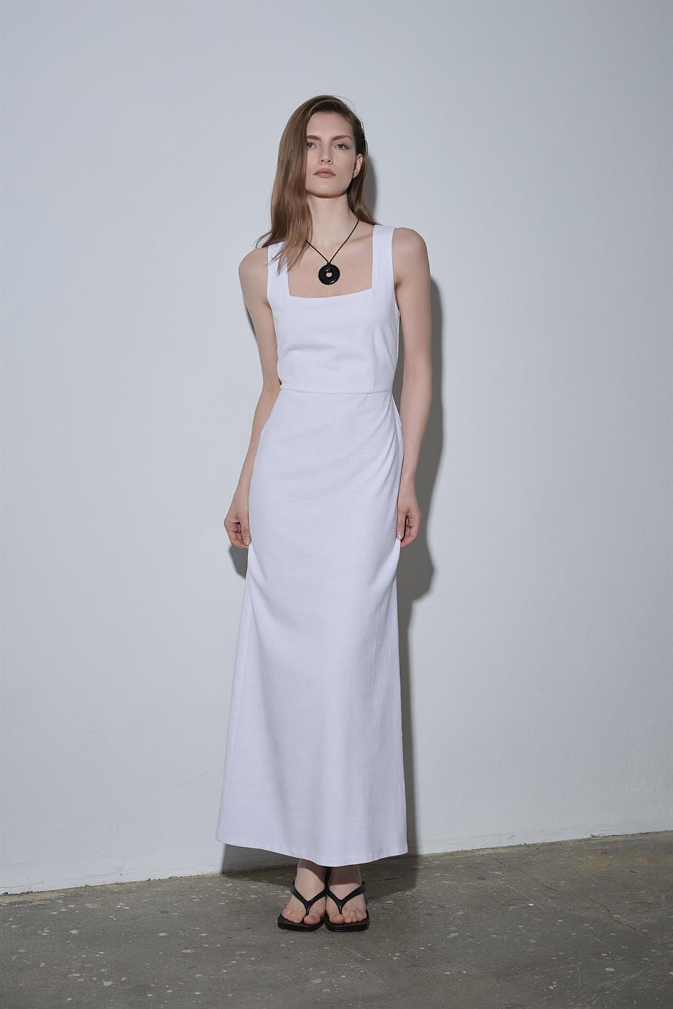 Beyaz Monik Kare Yaka Keten Elbise