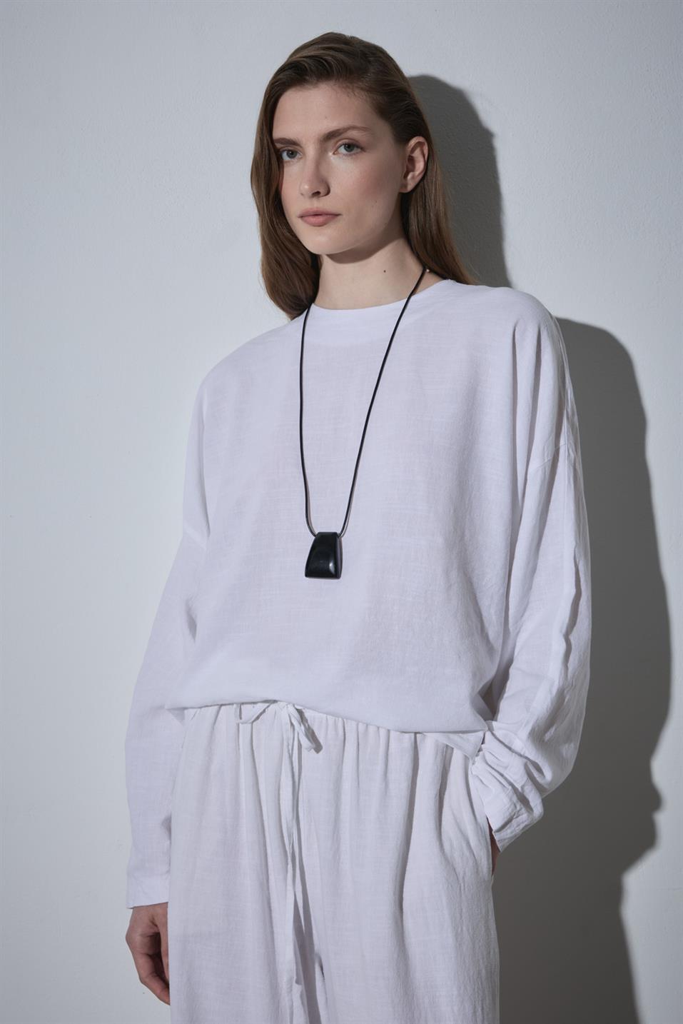 Beyaz Ole Oversize Keten Bluz