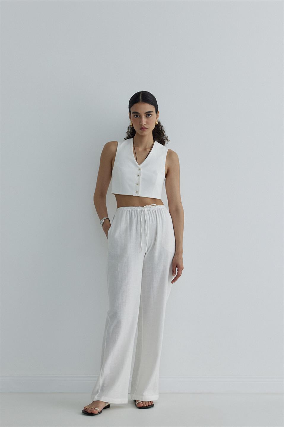Ekru Portofino Keten Pantolon