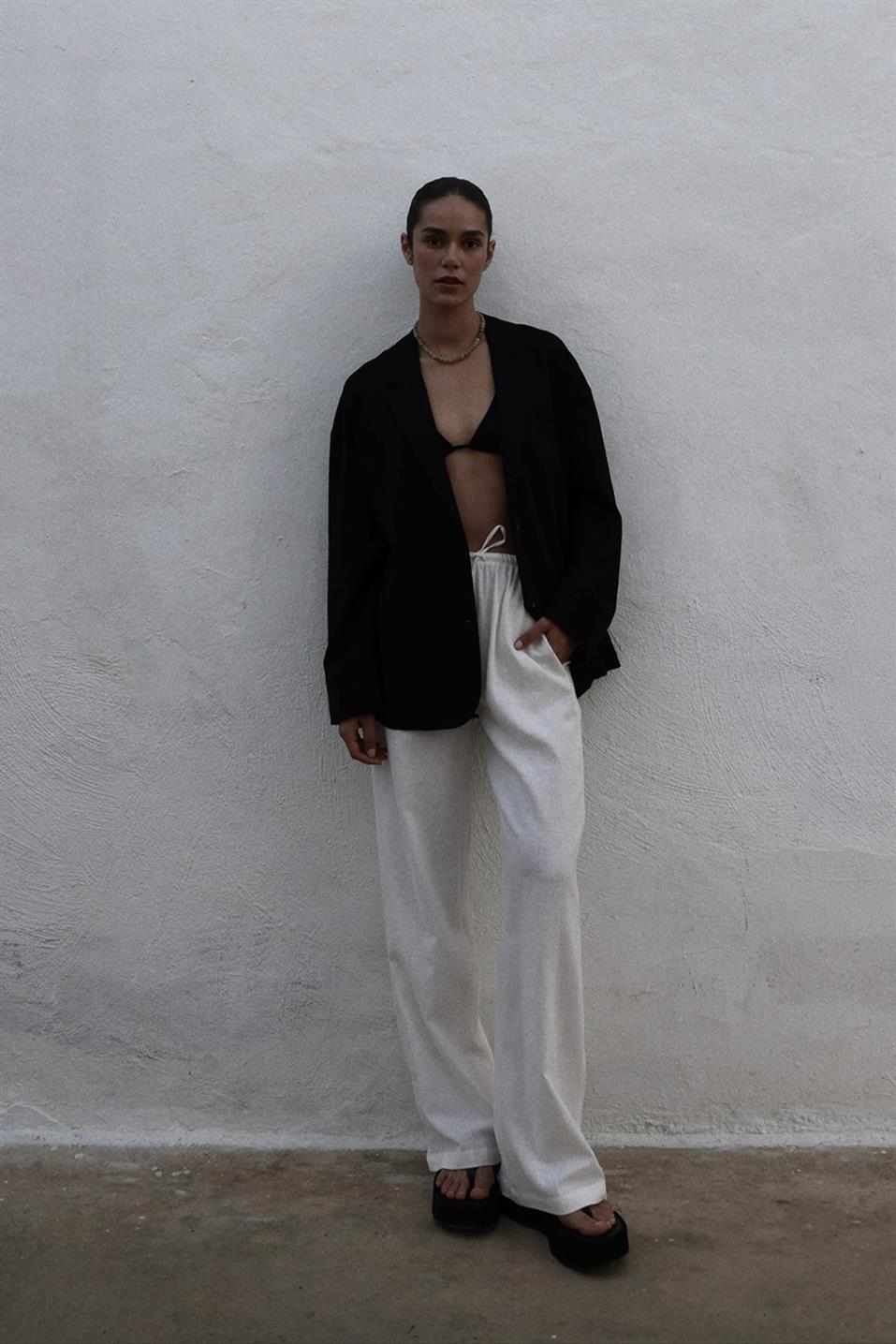 Ekru Portofino Keten Pantolon