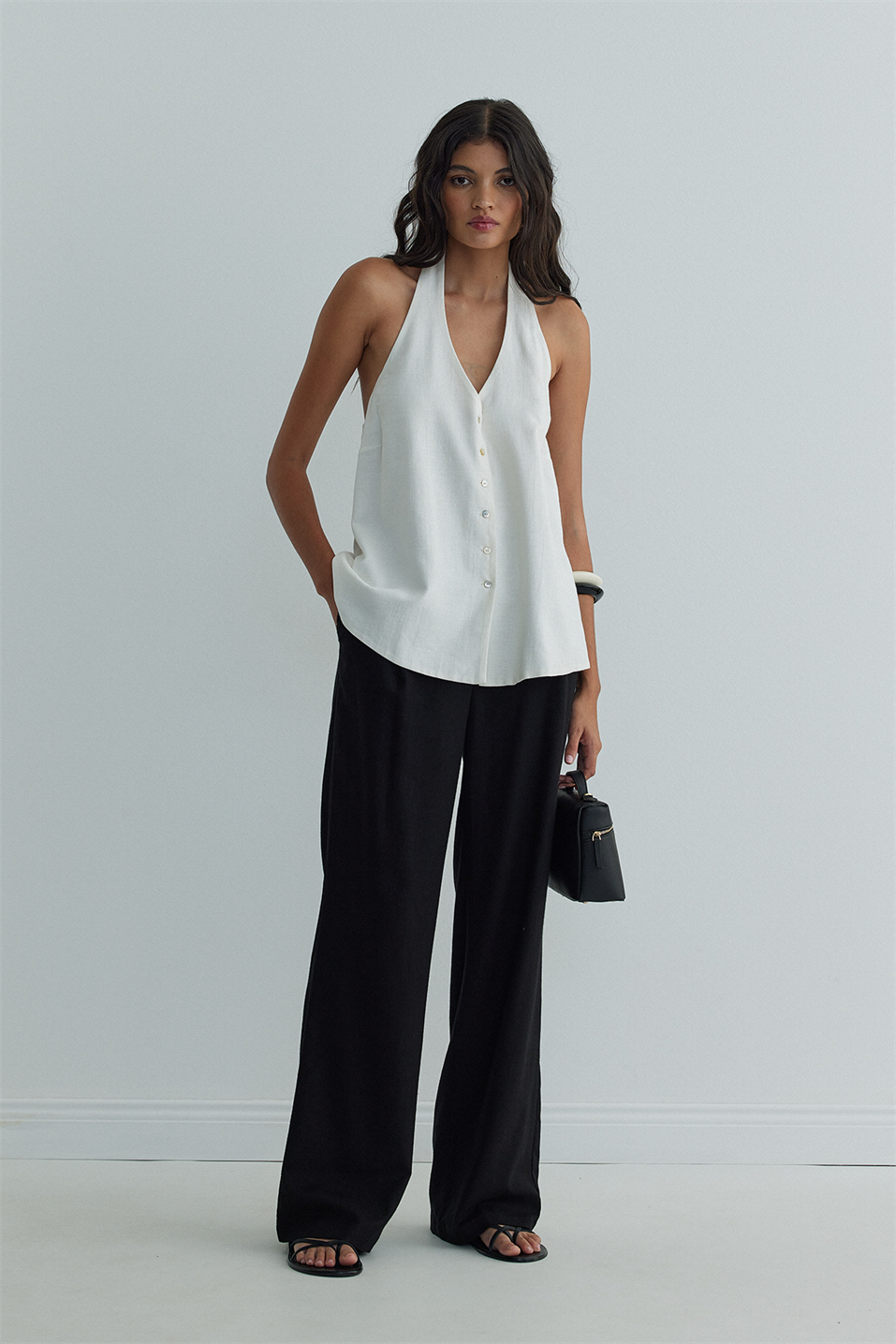 Beyaz Serena Bağlamalı Keten Yelek Bluz