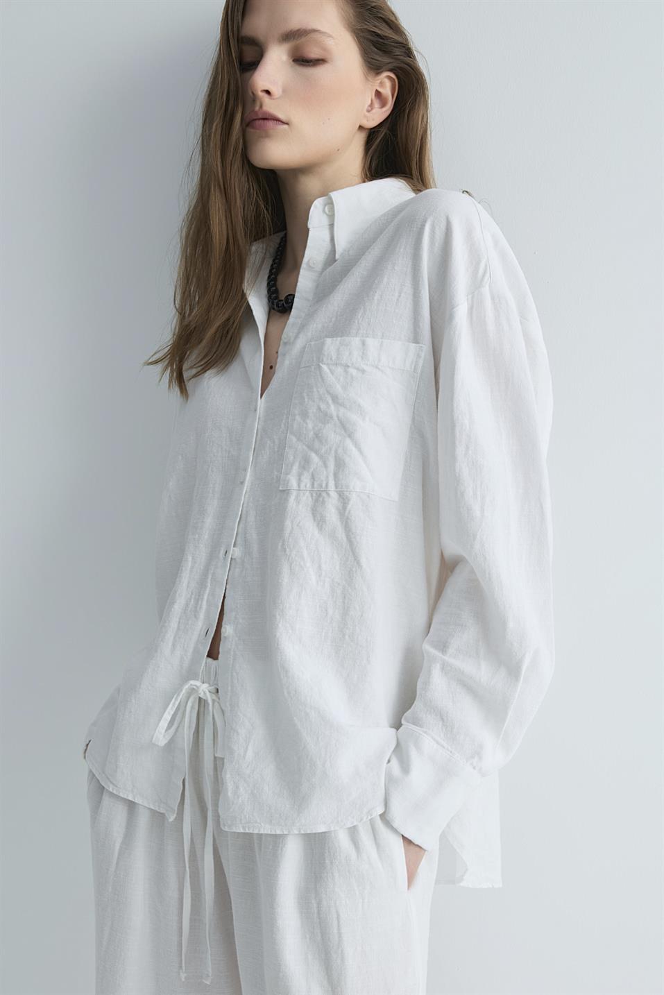 Beyaz Serin Oversize Keten Gömlek