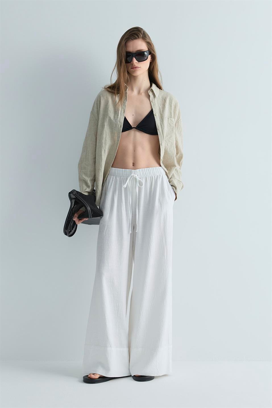 Beyaz Serin Palazzo Keten Pantolon