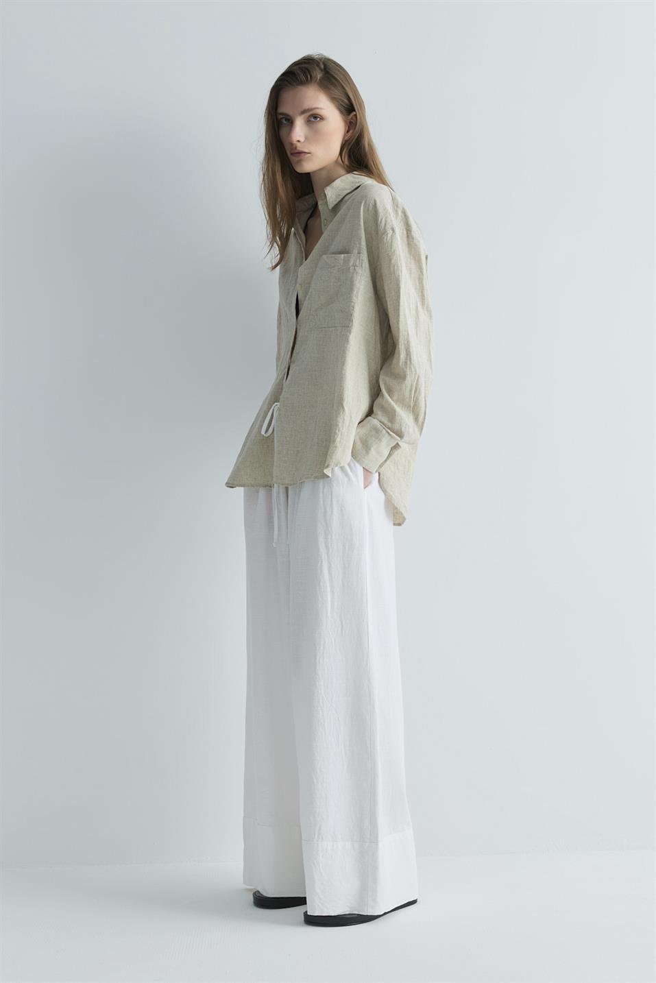 Beyaz Serin Palazzo Keten Pantolon