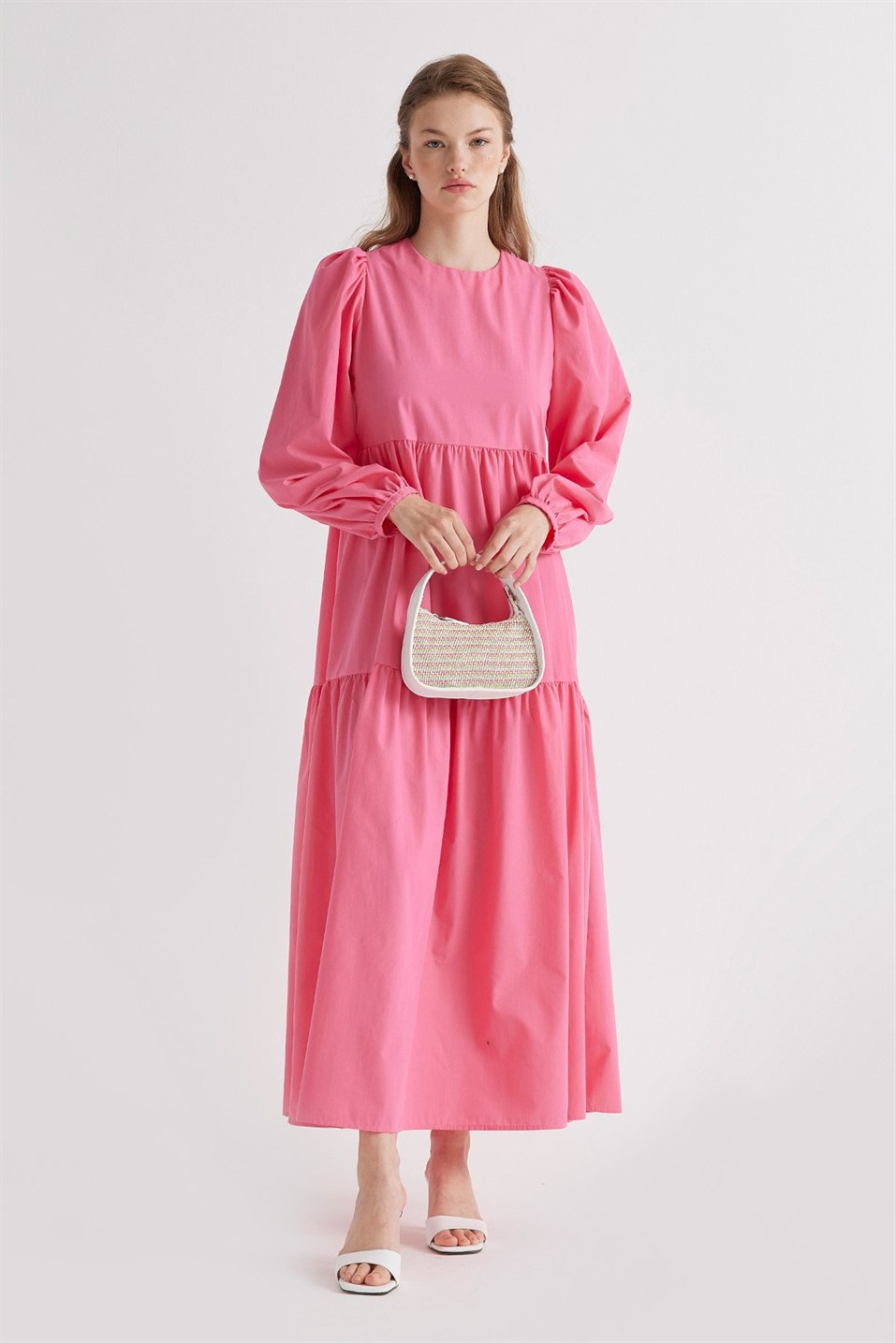 Pink Pleated Balloon Sleeve Cotton Dress