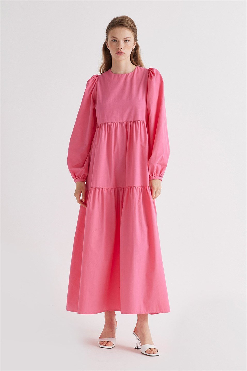 Pink Pleated Balloon Sleeve Cotton Dress