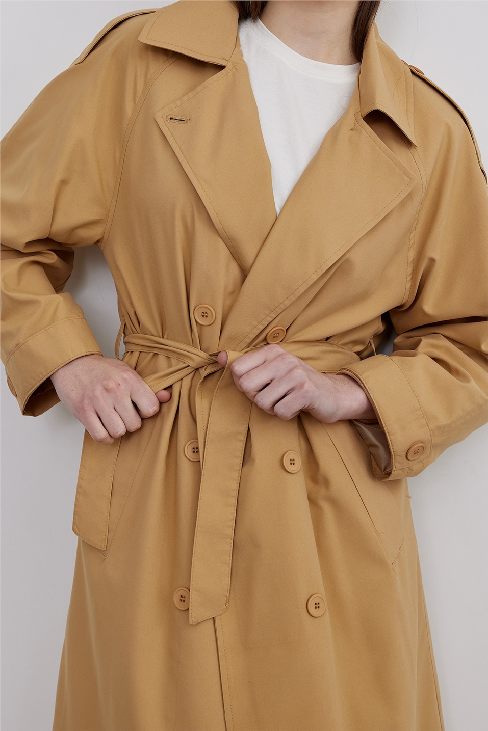 Camel Double-Breasted Trench Coat