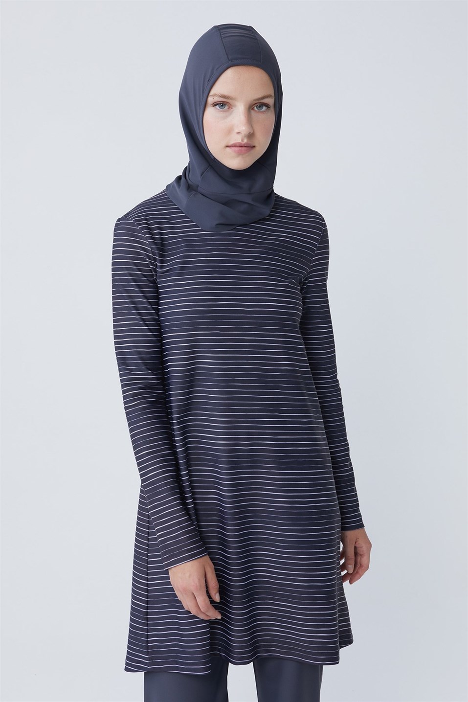 White Striped Basic Elastane Hijab Swimsuit Tunic