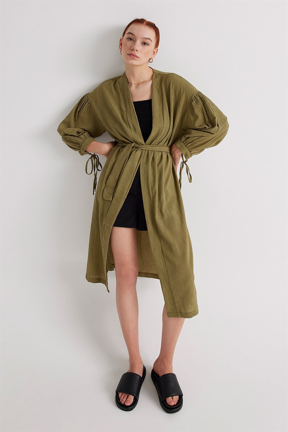 Yeşil Dokulu Kimono Ceket