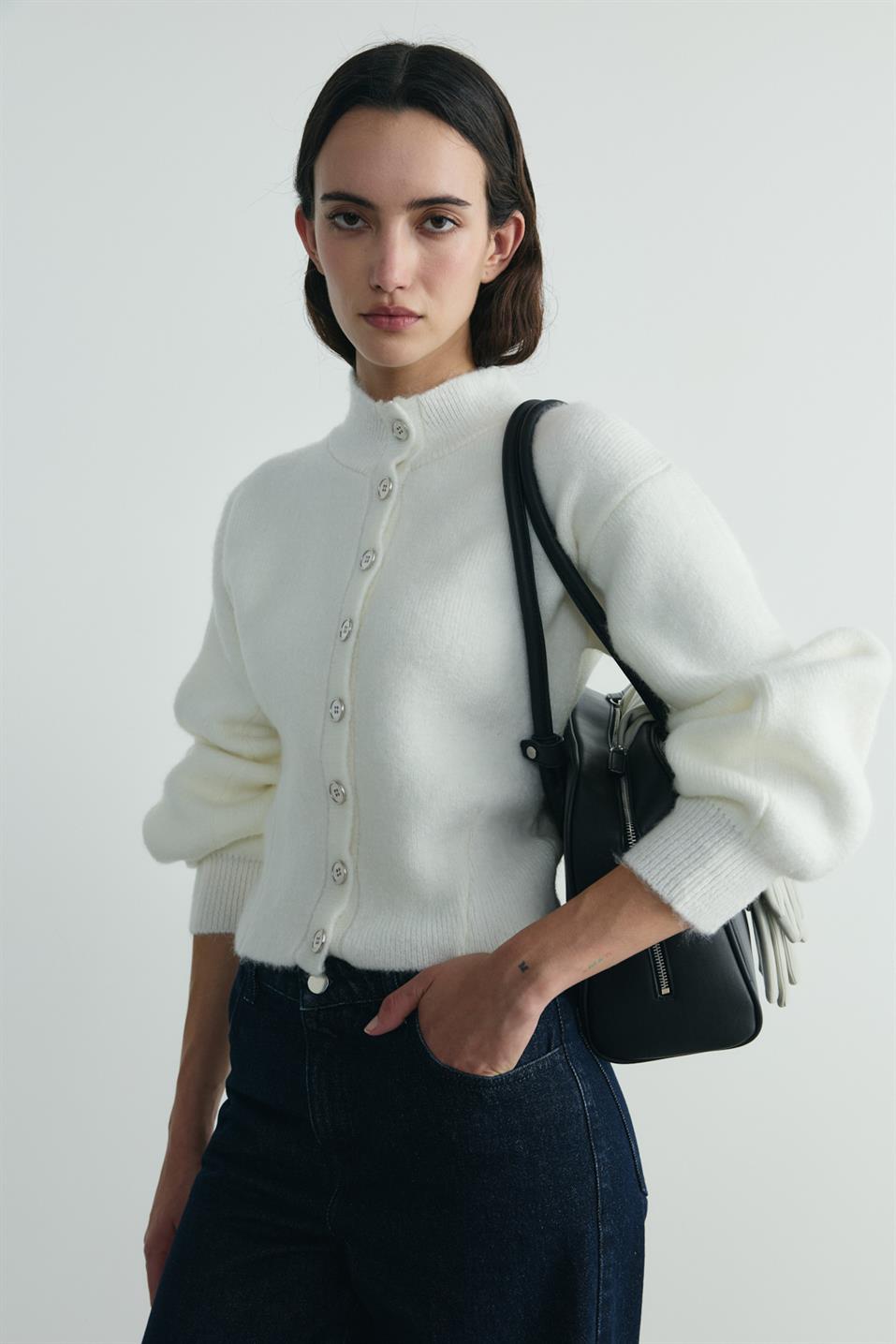 Ekru Mindy Balon Kol Triko Hırka