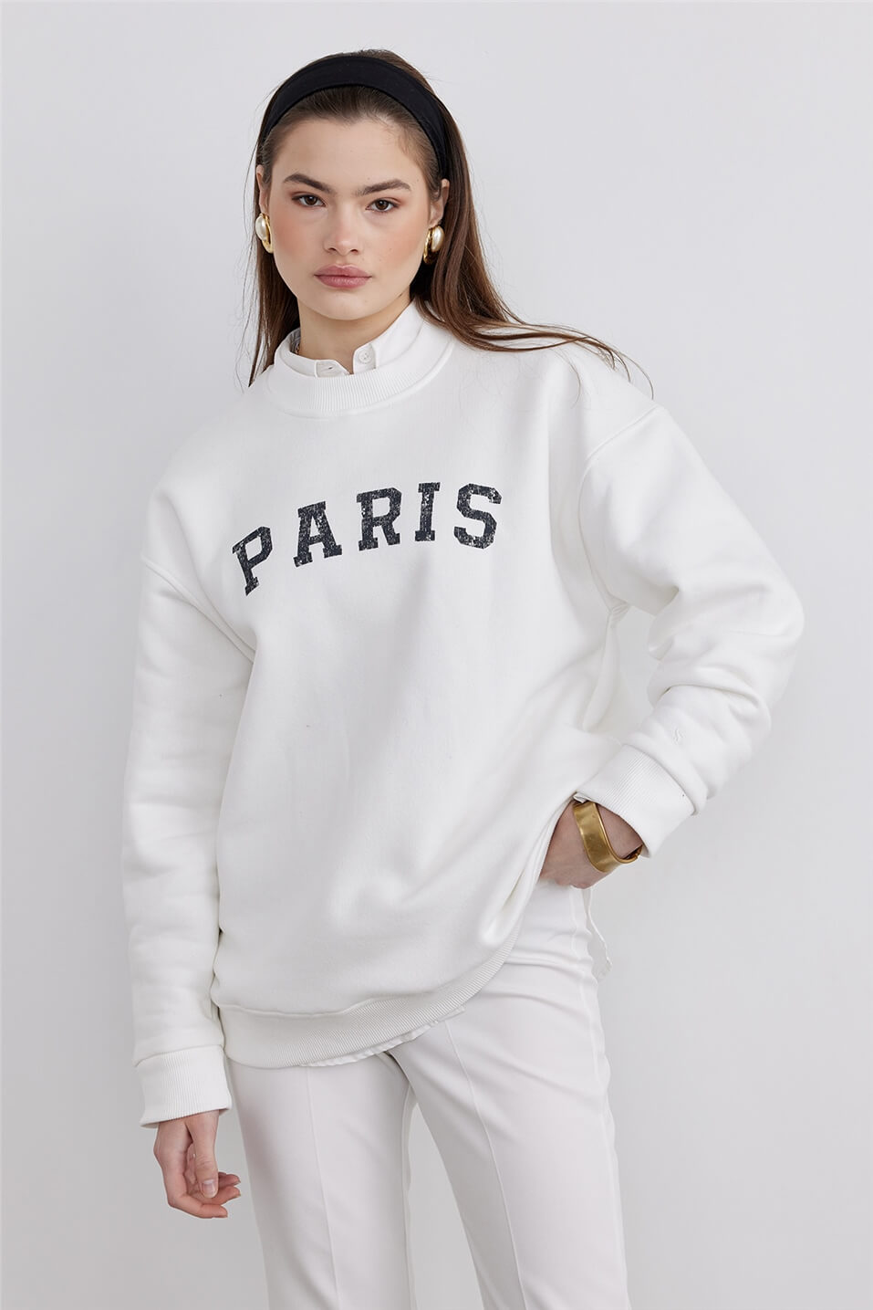 Ekru Paris Baskılı Oversize Sweatshirt