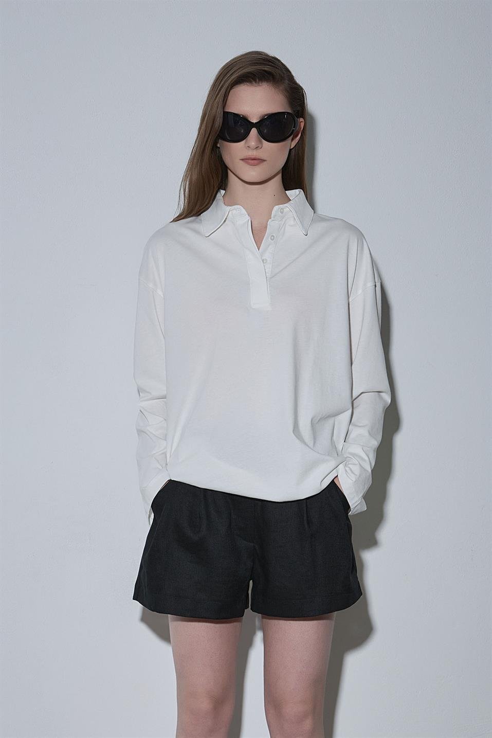 Ekru Polo Yaka Oversize Tişört