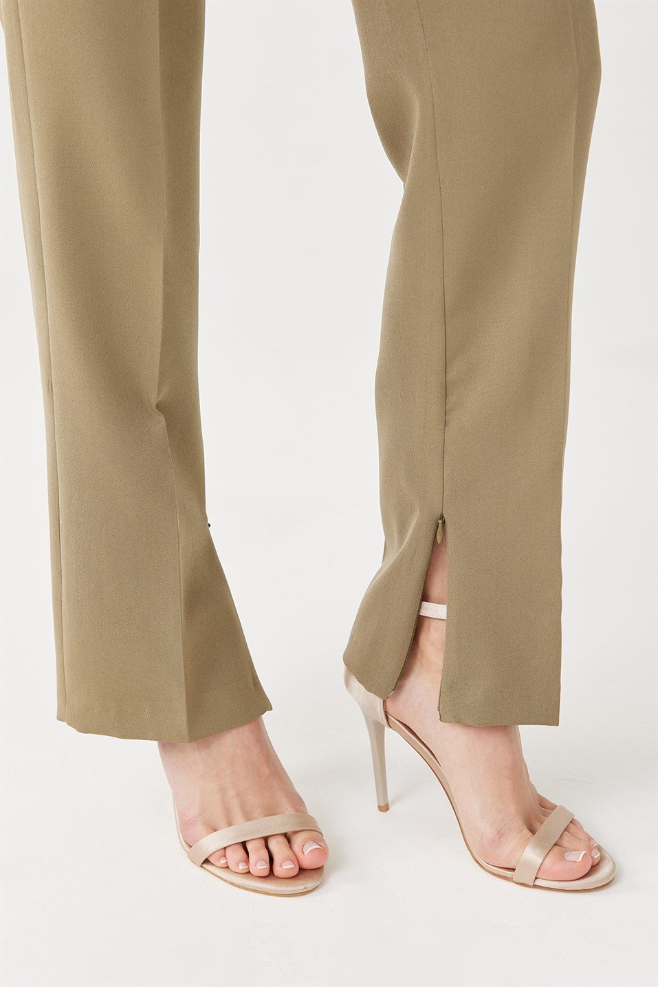 Khaki Zipper Detailed Fabric Trousers