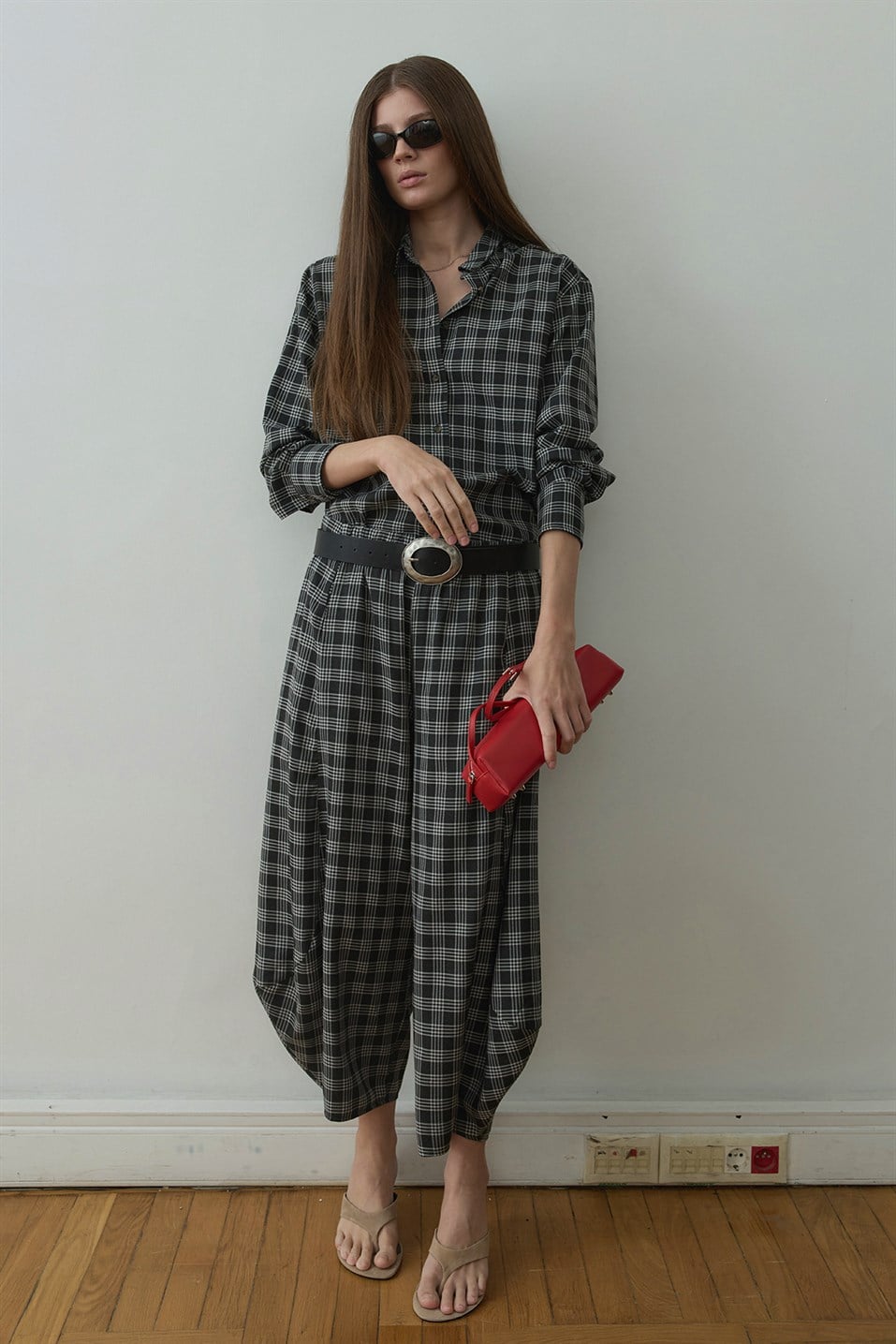 Füme Slone Ekose Şalvar Pantolon