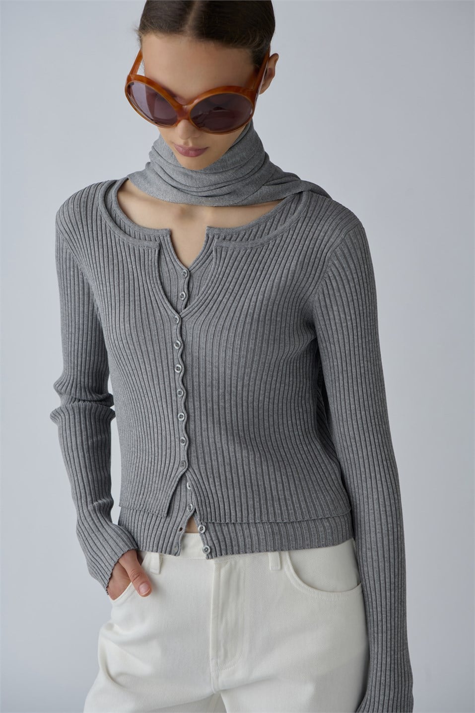 Double-Layer Ribbed Knit Cardigan