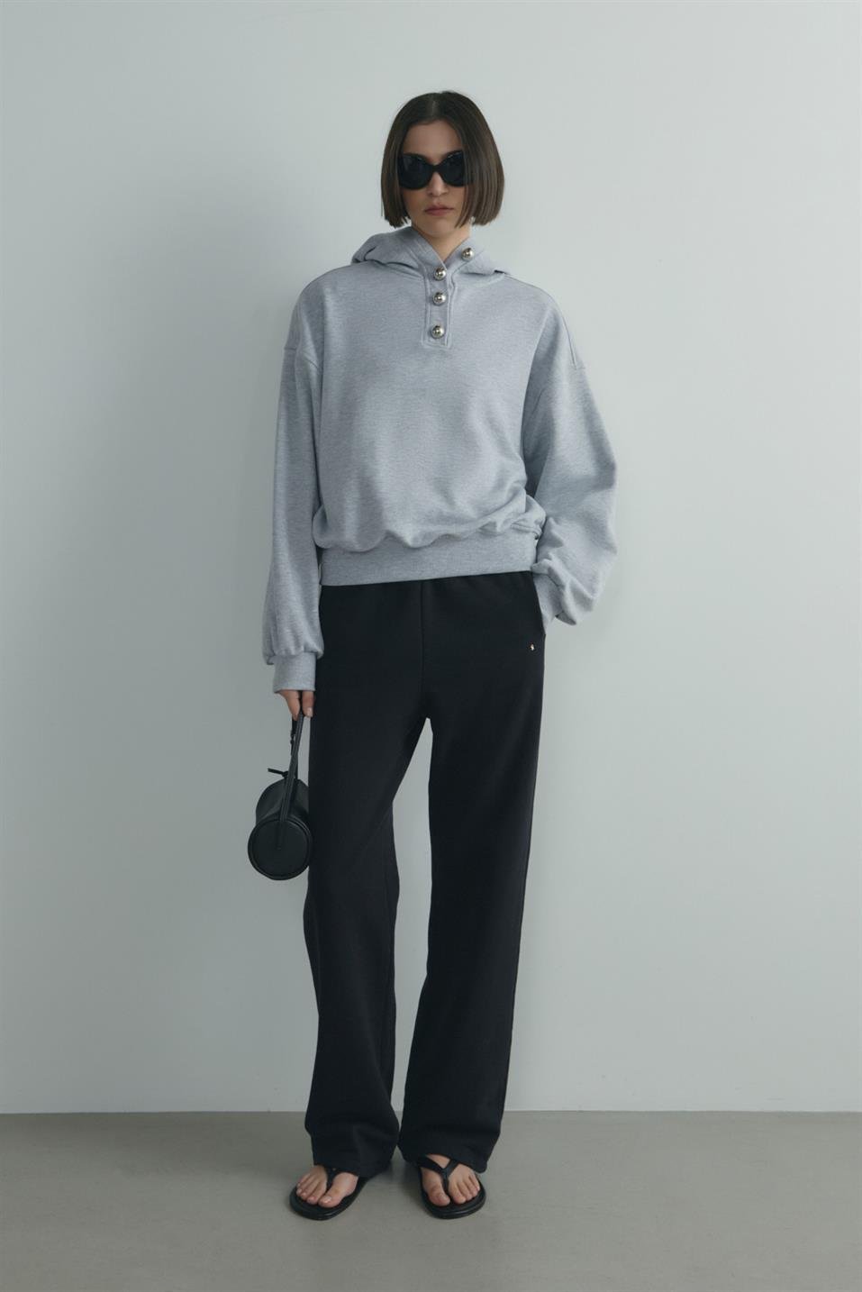 Gri Gala Düğmeli Oversize Sweatshirt